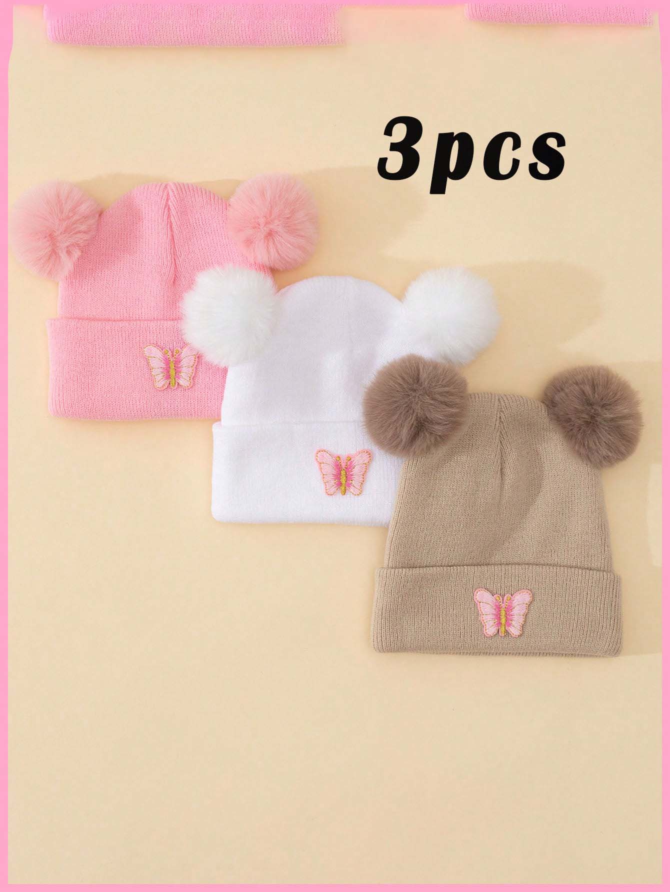Knit Beanie Hat Warm - 3Pcs Unisex Kids Double Pom Pom