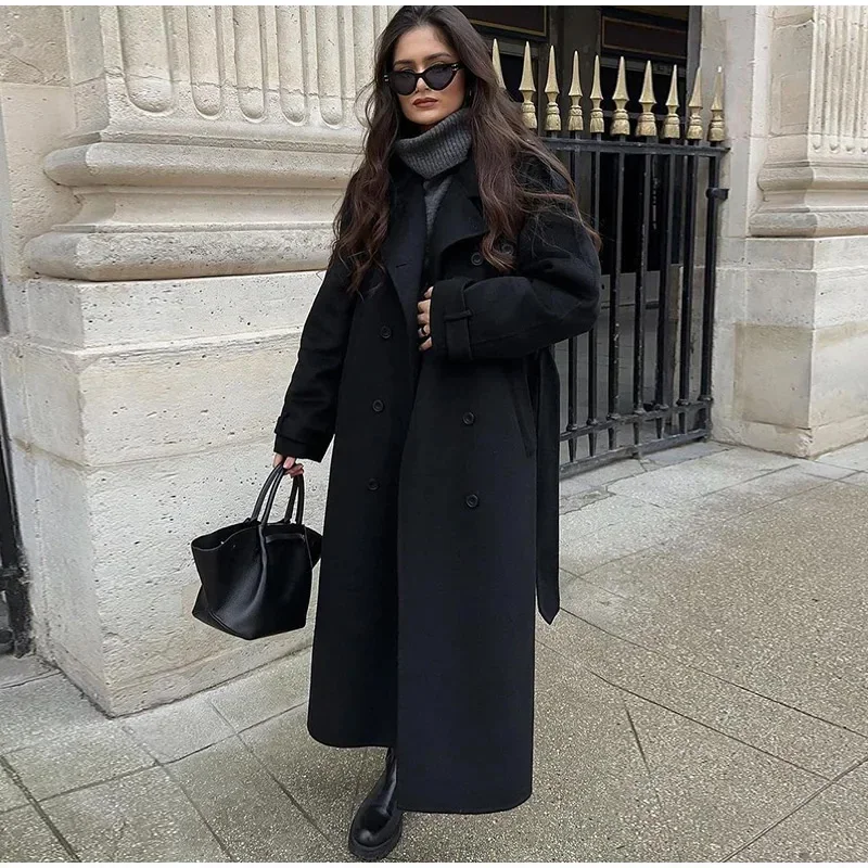 Elegant Grey Belt Long Faux Wo - Wool Coat Peacoat 리뷰 및 가격