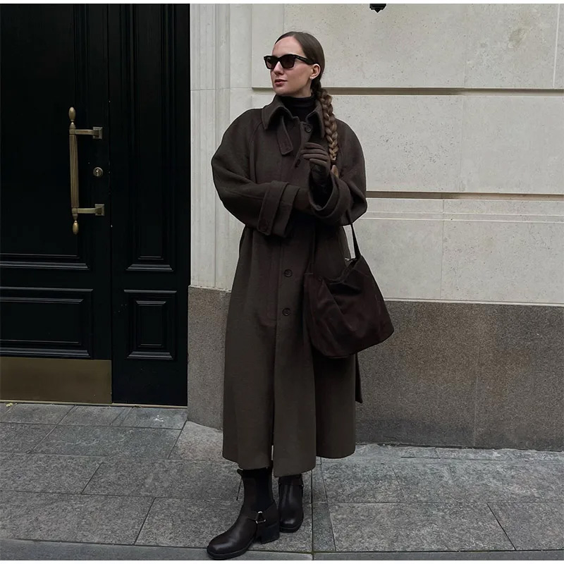 Elegant Grey Belt Long Faux Wo - Wool Coat Peacoat 리뷰 및 가격